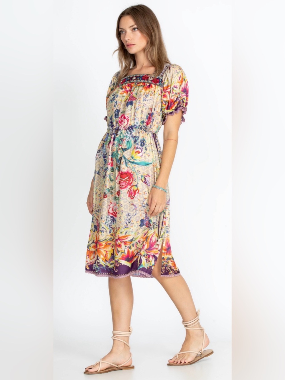 Johnny Was Topiary Rumi Multicolor Silk Floral Midi Dress XS $498.00 Embroidered
